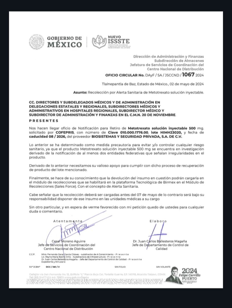 Title: Recolección por Alerta Sanitaria de Metotrexato solución inyectable