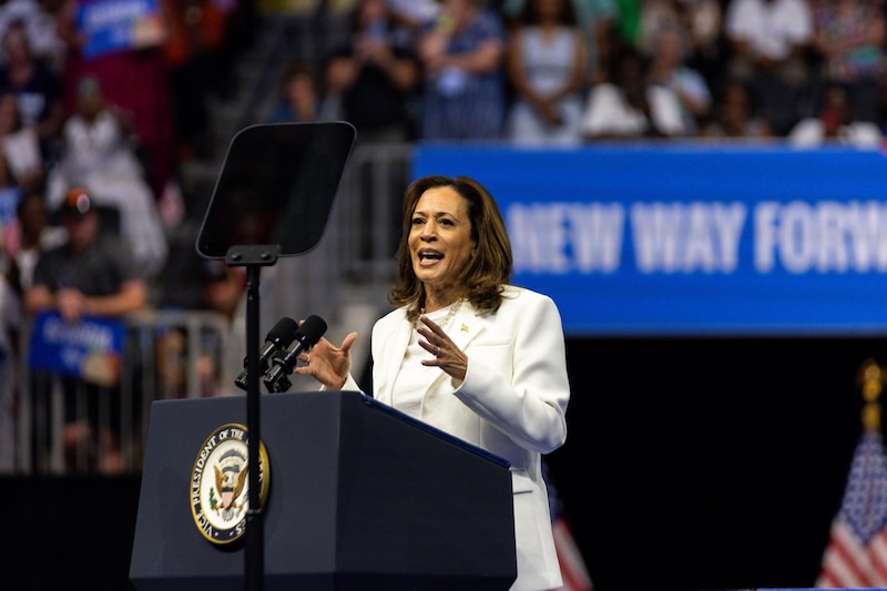 La vicepresidenta Kamala Harris pronuncia un discurso ante una multitud.