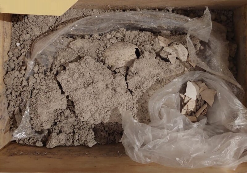 Fragmentos de cerámica y hueso en una caja