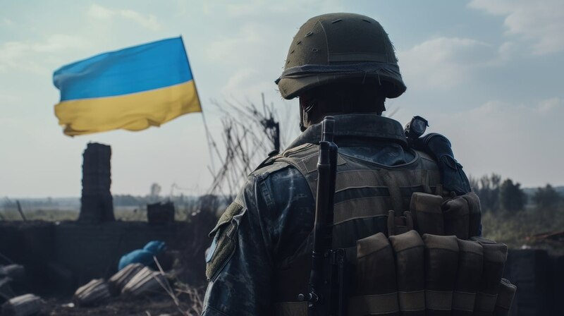 Soldado ucraniano con la bandera de Ucrania