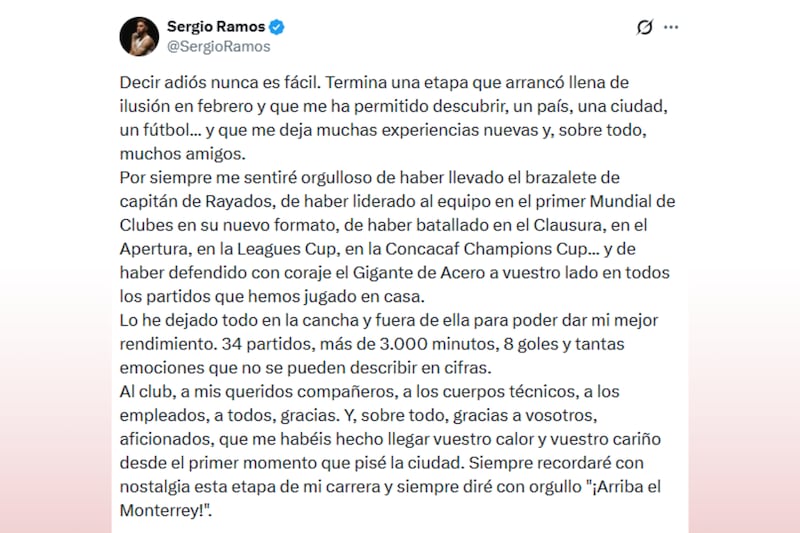 La aventura de Sergio Ramos en el futbol mexicano ha llegado a su fin