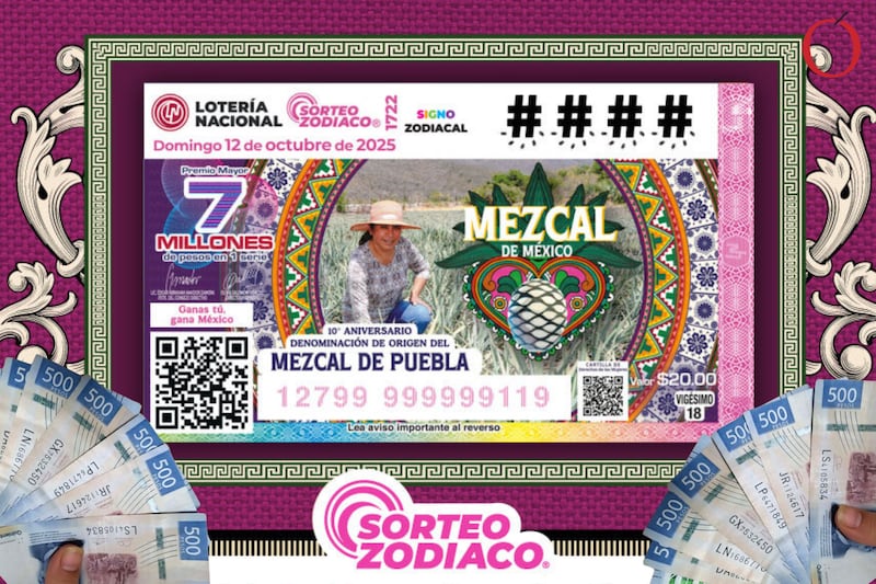 Billete alusivo al Mezcal del Sorteo Zodiaco 1722 de este domingo 12 de octubre