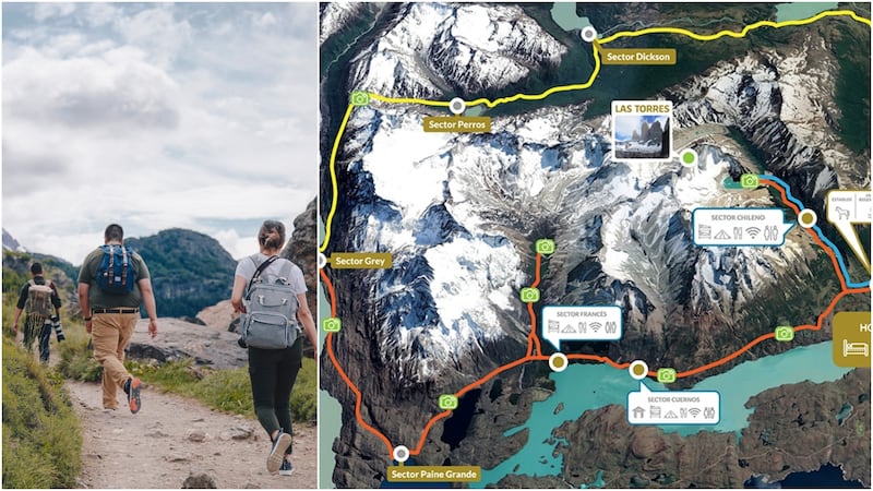 personas caminado en la montaña, y el mapa de la ruta 0 del Parque Nacional Torres del Paine, Chile