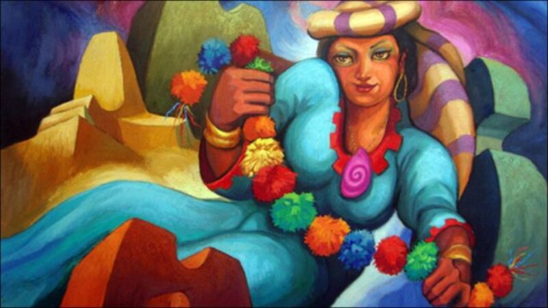 Mujer con sombrero y pompones
