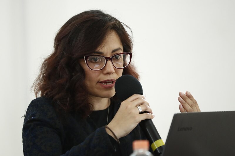 La periodista mexicana Lydia Cacho habla en una conferencia.