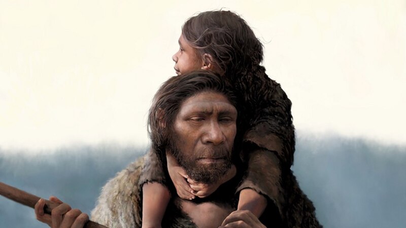 Un padre neandertal lleva a su hijo sobre sus hombros