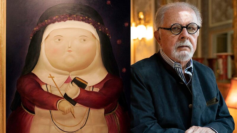 El artista plástico colombiano Fernando Botero y su obra "La monja"