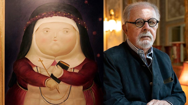 El artista plástico colombiano Fernando Botero y su obra "La monja"