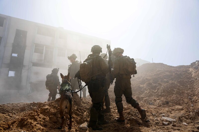 Soldados israelíes con un perro en una zona de guerra