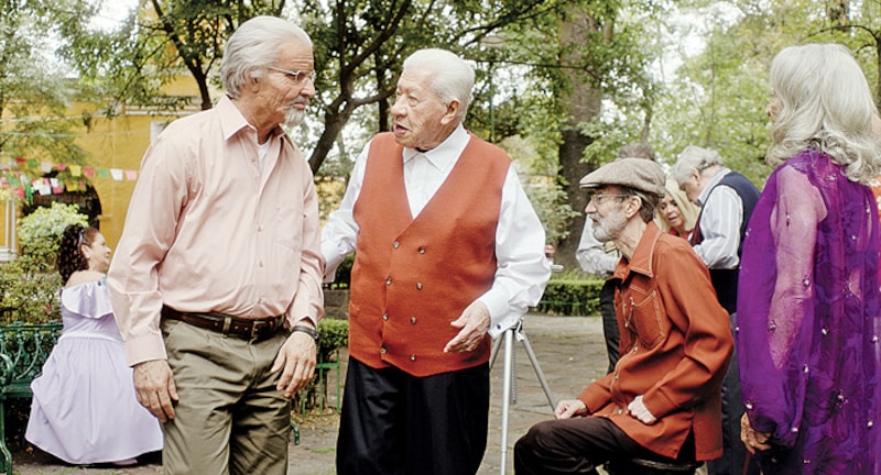 Tres hombres mayores están hablando en un parque.