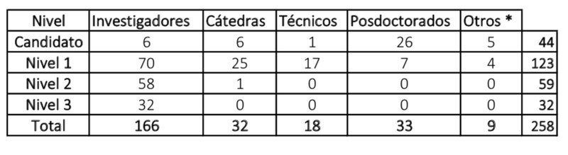 Distribución de investigadores, cátedras, técnicos, posdoctorados y otros en la universidad