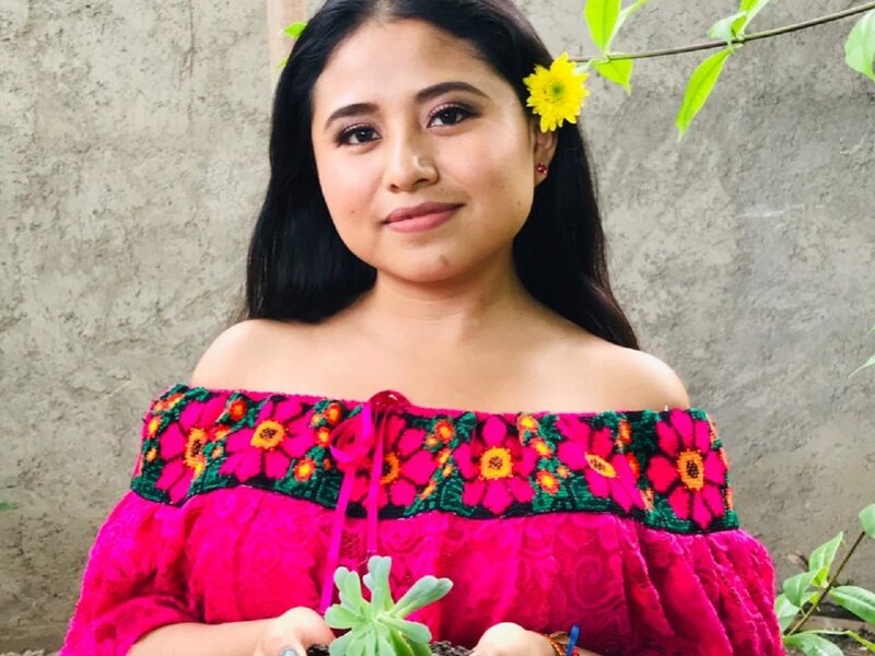 Mujer joven con blusa rosa sostiene una planta suculenta en sus manos.