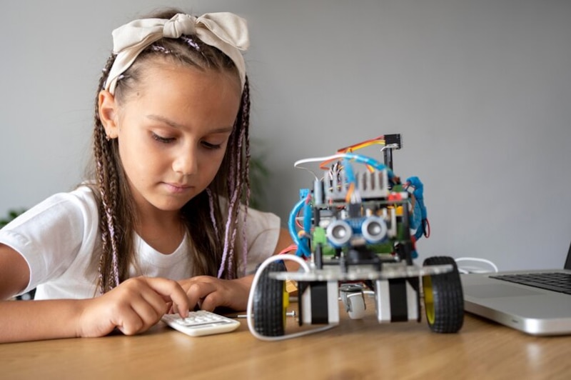 Niña construyendo un robot