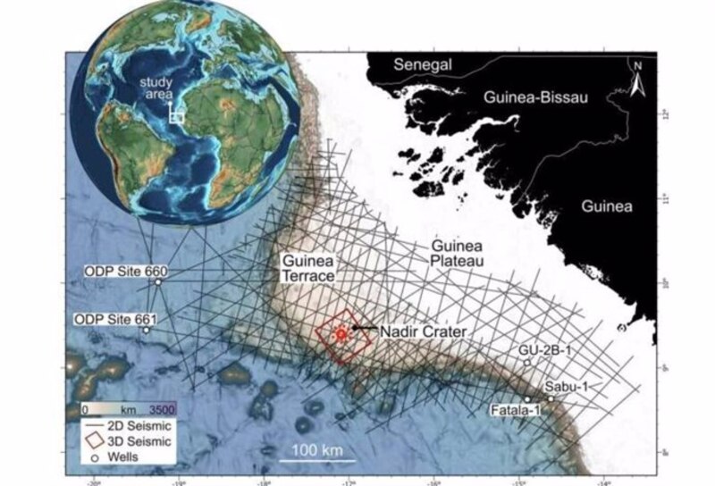 Mapa de la zona de estudio que muestra la ubicación de los sitios de perforación ODP 660 y 661, y los pozos GU-2B-1, Sabu-1 y Fatala-1.