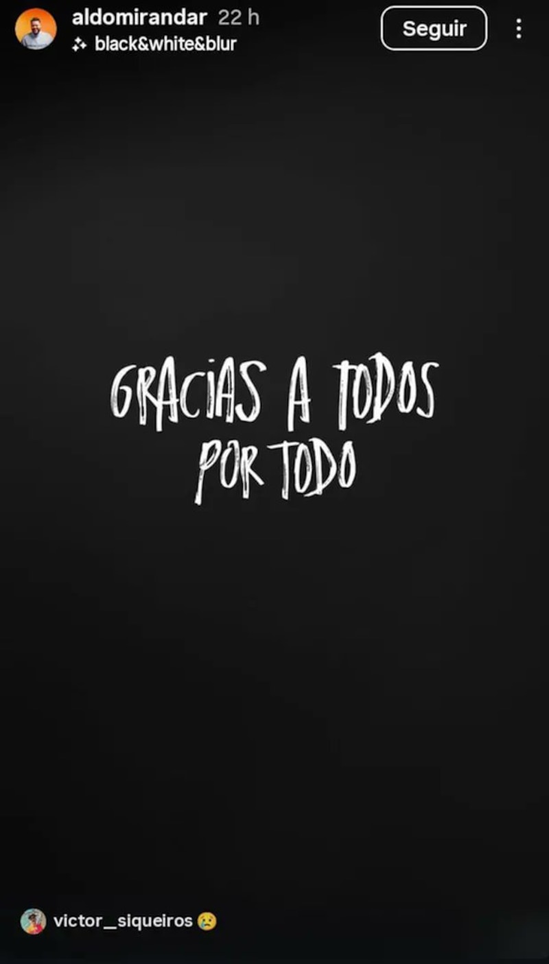 La última publicación de Aldo Miranda. "Gracias a todo por todo" fue el último mensaje en su cuenta de Instagram.