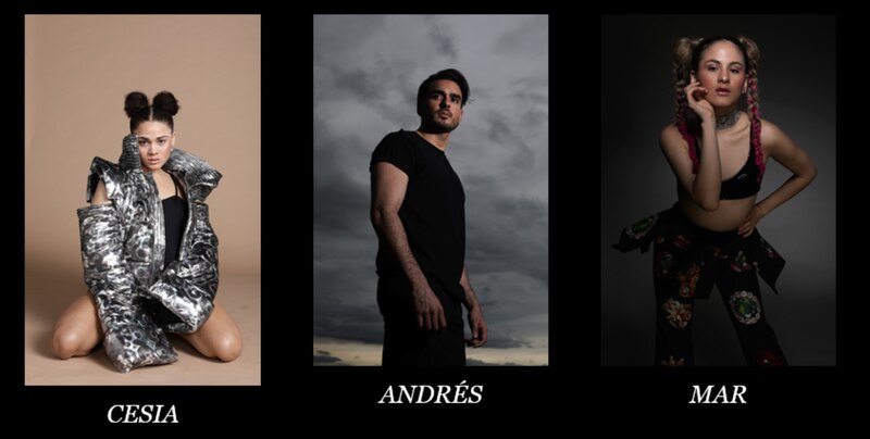 Tres modelos con diferentes estilos de ropa posan para una foto.