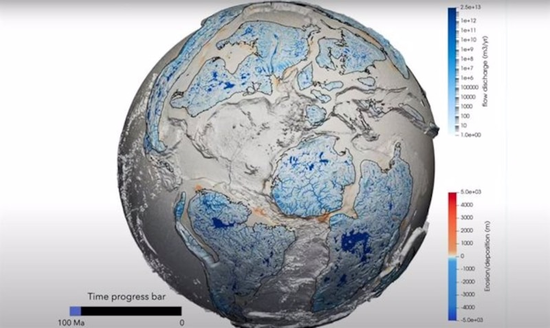 Mapa de la erosión y la sedimentación en la Tierra a lo largo de 100 millones de años