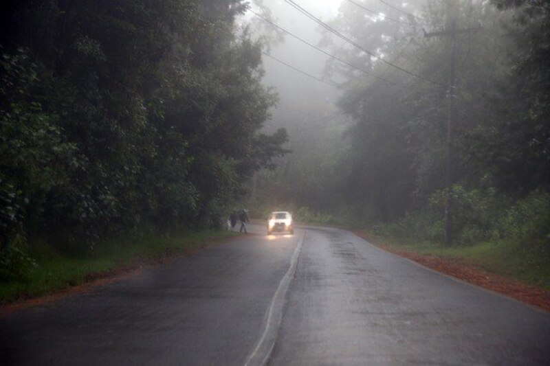 Carretera mojada con niebla