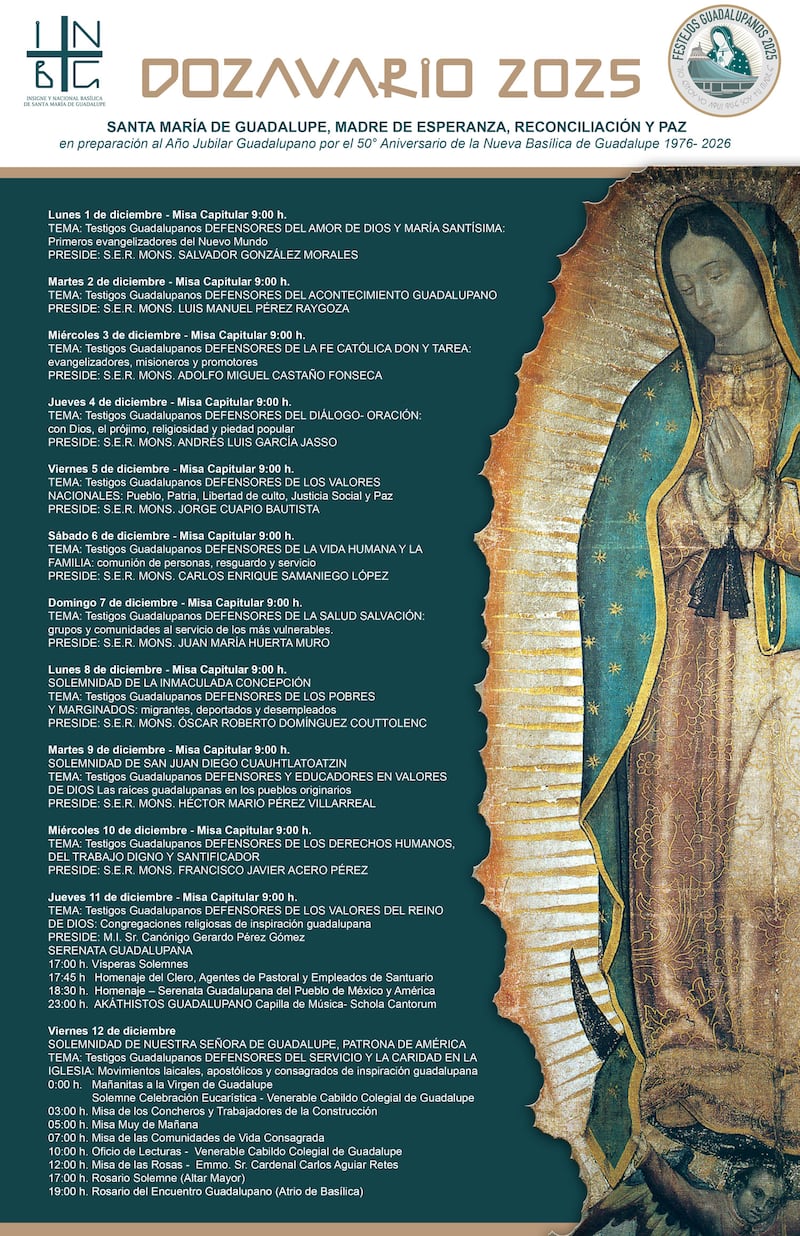 Programa oficial Día de la Virgen de Guadalupe 2025 | Conoce aquí las fechas y las misas que se llevarán a cabo desde este jueves 11 de diciembre en la Basílica de Guadalupe.