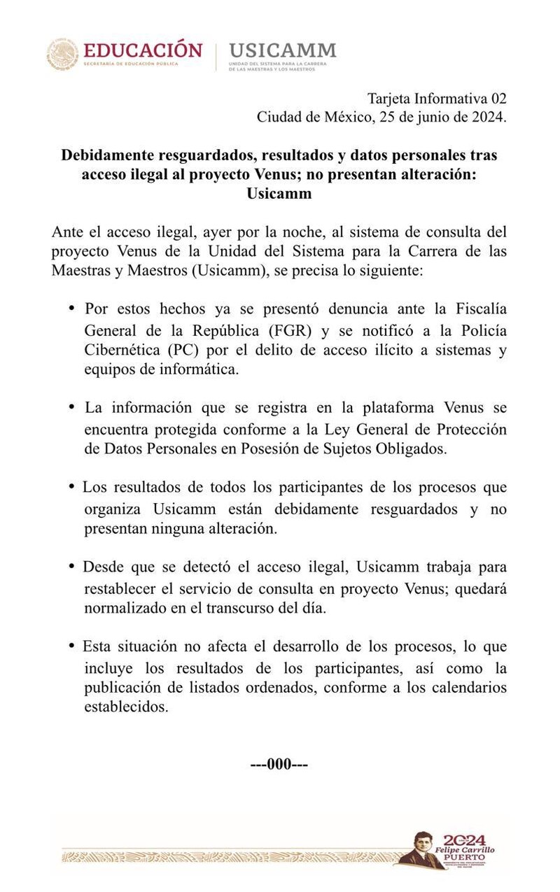 Resultados y datos personales tras acceso ilegal al proyecto Venus; no presentan alteración: Usicamm