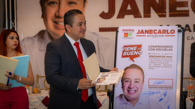 Janecarlo Lozano Reynoso, candidato de Morena a la alcaldía Gustavo A. Madero, se compromete a entregar 150 millones de pesos a las escuelas públicas de la demarcación