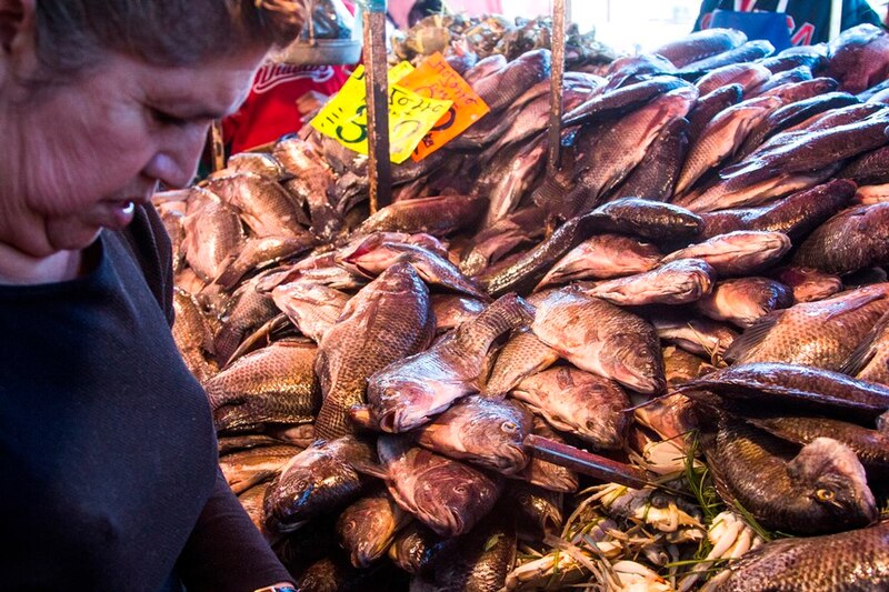 Mujer vendiendo pescado en un mercado mexicano