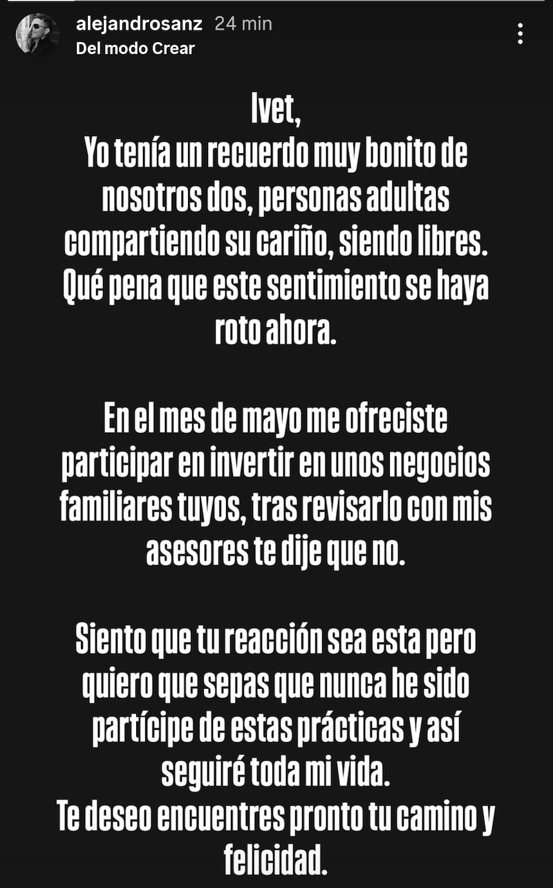 Alejandro Sanz responde a Ivet Playá en sus historias de Instagram.