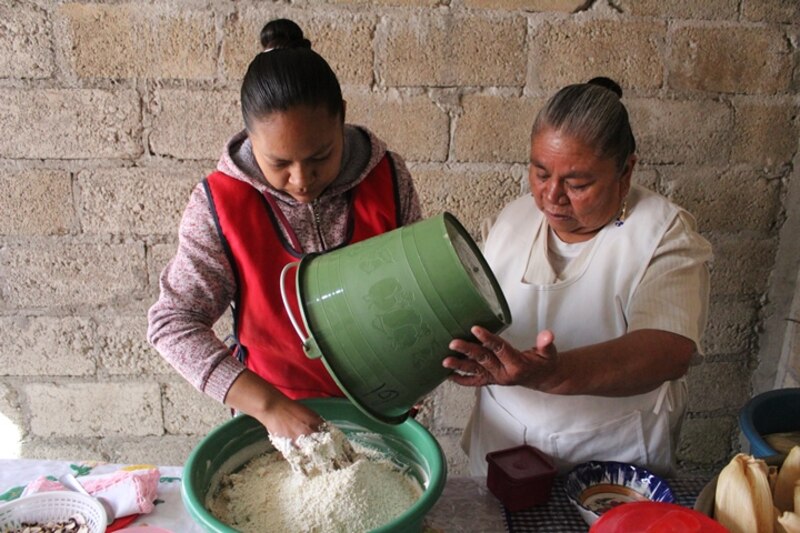 Mujeres indígenas moliendo maíz en un metate