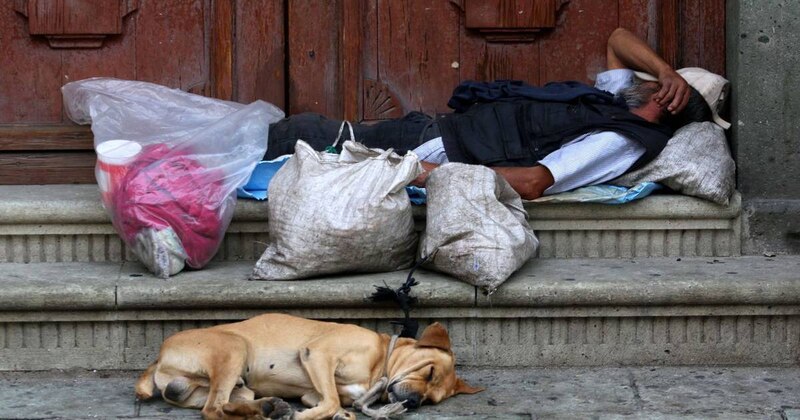 Un hombre sin hogar duerme en la calle con su perro