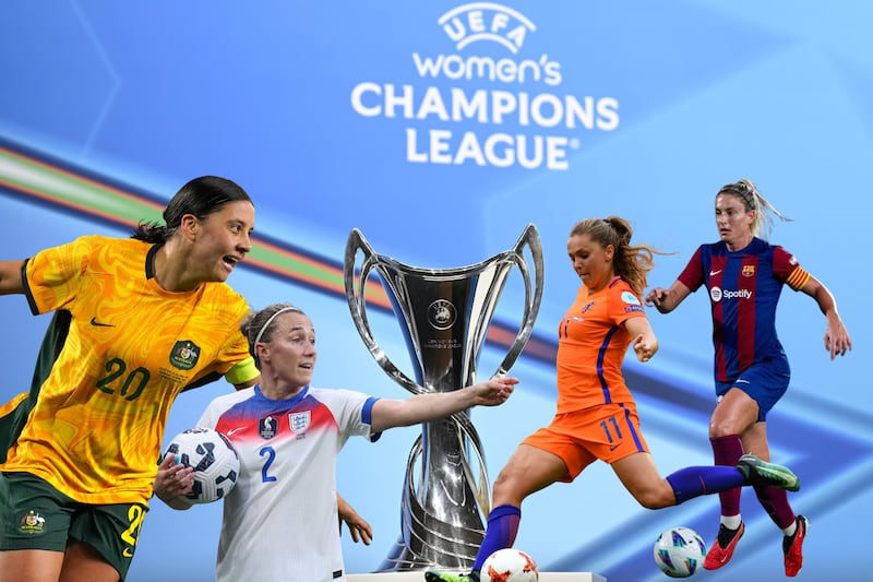 Trofeo de la Champions League femenina junto a jugadoras más destacadas de la liga
