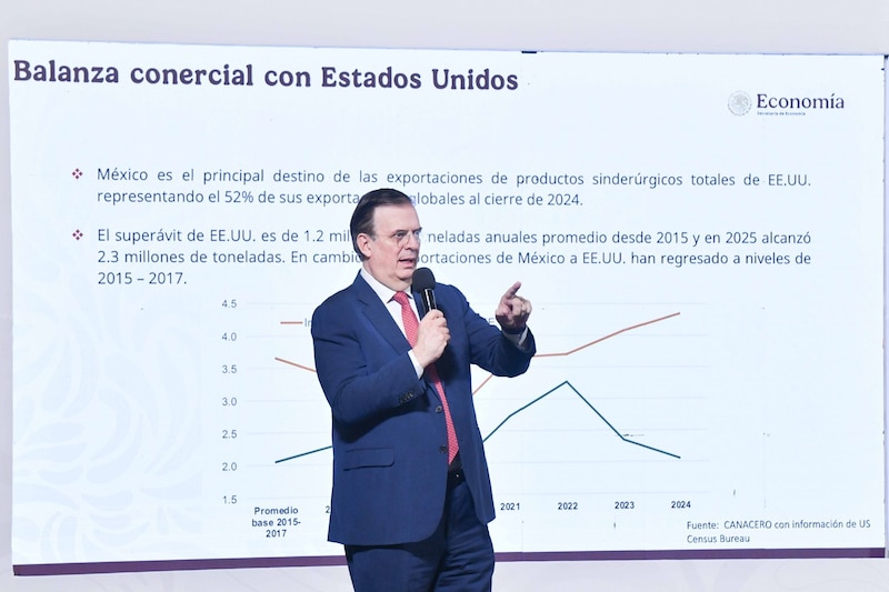 Marcelo Ebrard, secretario de Economía, durante la conferencia matutina realizada en Palacio Nacional, en la que informó sobre las implicaciones del alza del 25% en aranceles en acero y aluminio proclamada por el gobierno estadounidense.