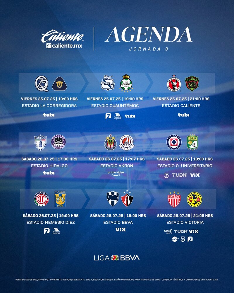 Jornada 3 | Apertura 2025 de Liga MX. Partidos, fechas, horarios y canales de transmisión.