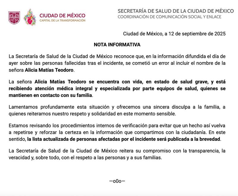 Comunicado Secretaría de Salud. Alicia Matías Teodoro "La abuelita heroína"  fue incluida en la lista de personas fallecidas de forma errónea.