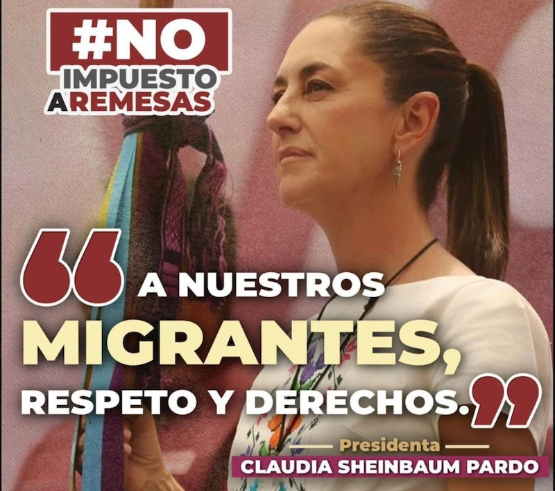 Fotografía de la presidenta Claudia Sheinbaum junto a la frase "A nuestros migrantes respeto y derechos!"
