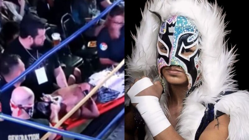 El luchador mexicano Místico es trasladado en camilla tras sufrir una lesión