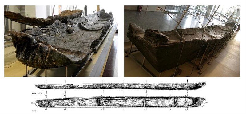 La imagen muestra dos embarcaciones prehistóricas, una de ellas con un corte transversal que muestra su estructura interna.