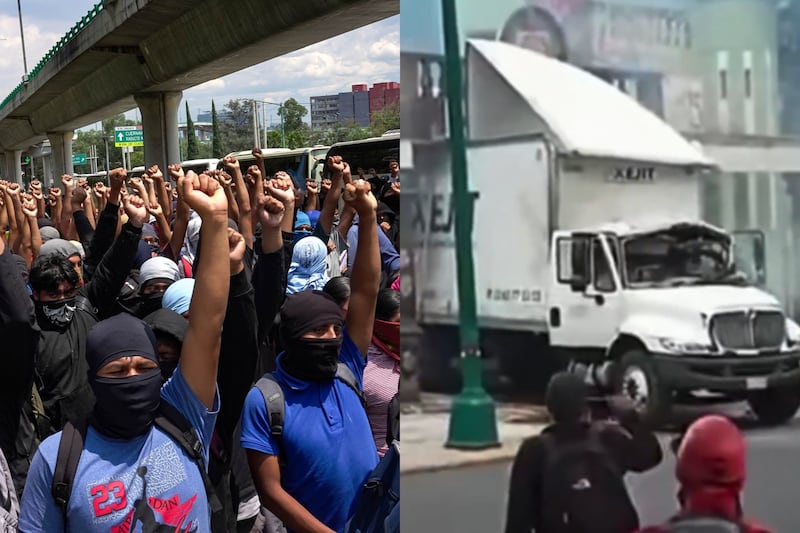 Estrellan camión en marcha por Ayotzinapa. Grupos de encapuchados derribaron la puerta del Campo Militar y le prendieron fuego