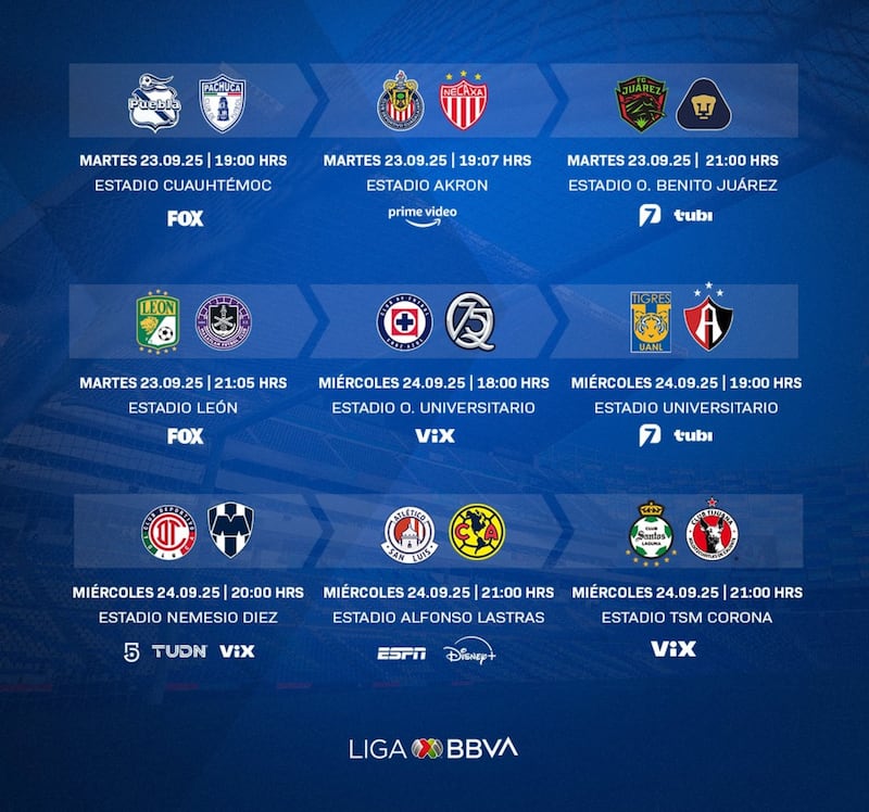 Apertura 2025 | Jornada 10. Toluca y Monterrey disputarán el partido estelar en esta jornada de media semana para arrancar la segunda mitad del torneo regular.