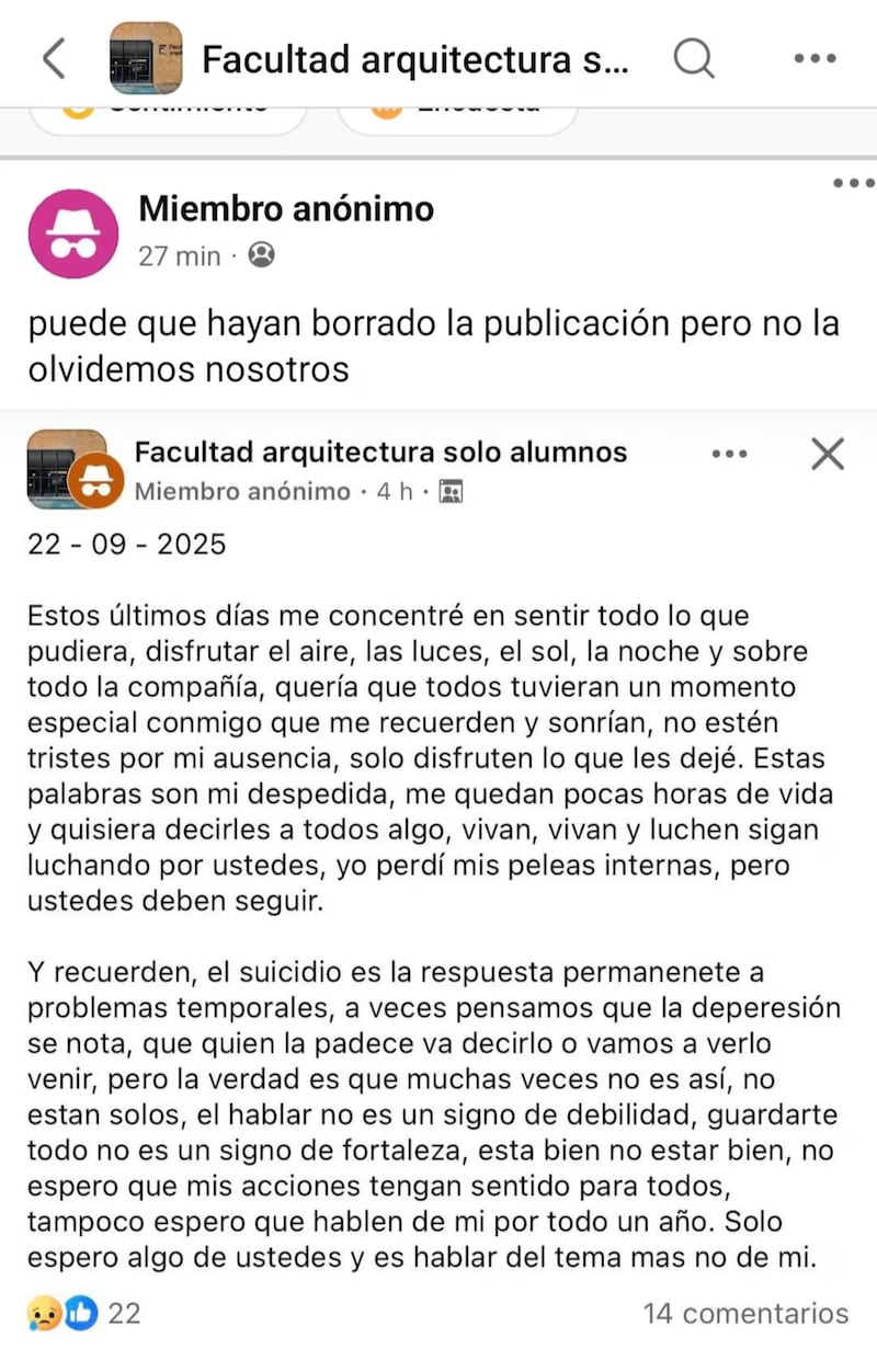 Mensaje de despedida. Jorge González, estudiante de la Facultad de Arquitectura de la UNAM,  habría dejado un último mensaje para despedirse y anunciar que se quitaría la vida.
