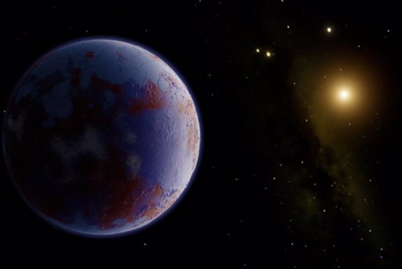 Un planeta azul y rojo en el espacio