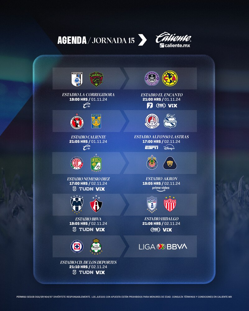 Partidos, fechas, horarios y canales de transmisión de la jornada 15 del Apertura 2024 en la Liga MX.