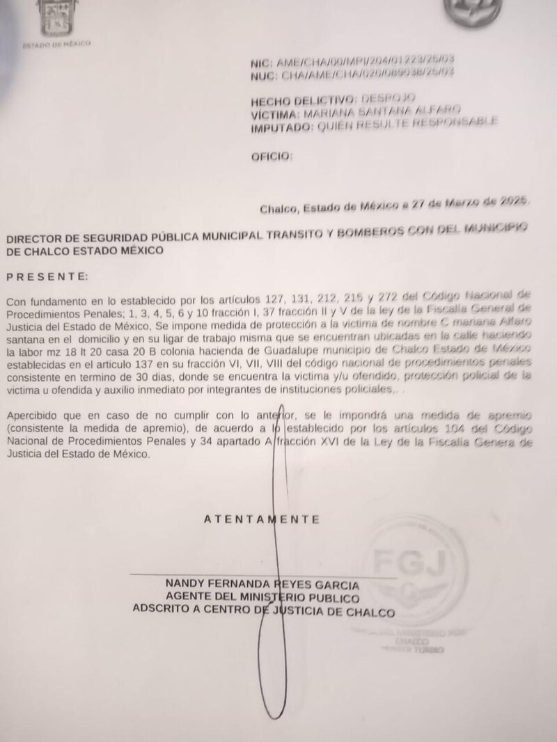 Denuncia del caso Chalco ante la Fiscalía . Mariana Santana impuso la denuncia, pero no recibió las medidas de protección impuestas por el Ministerio Público.