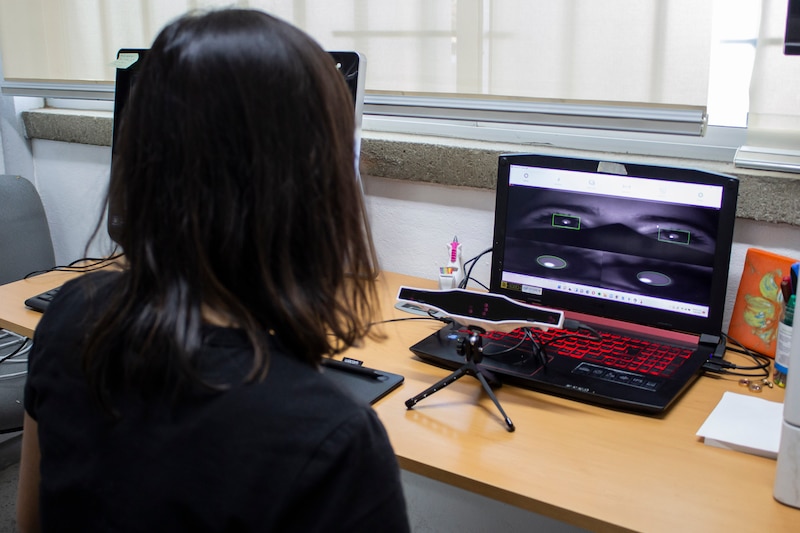 Una joven mira fijamente a la pantalla de una computadora.