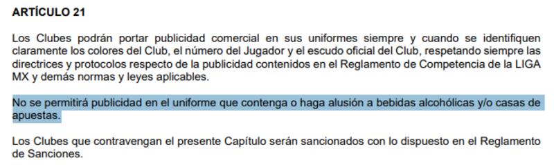 Para partidos de fuerzas básicas sub-17 sí aplica la restricción de publicidad de casas de apuestas o bebidas alcohólicas, pero no para juegos de primera división.