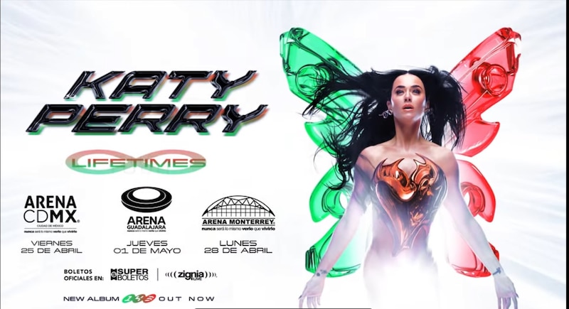 Cartel oficial que anuncia las fechas y lugares para los conciertos de Katy Perry en México para 2025.