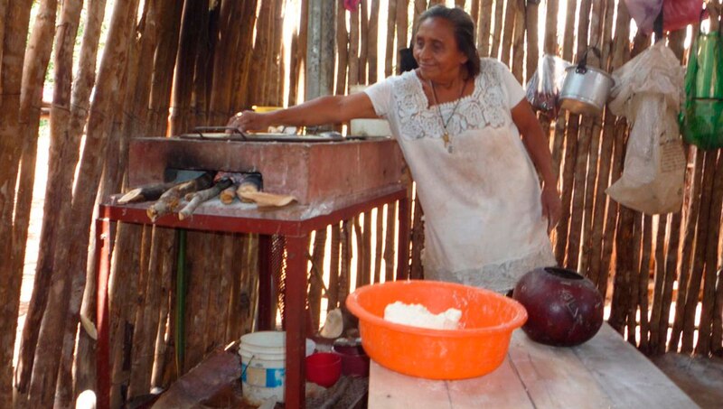 Mujer indígena cocina en una estufa de leña en una casa de madera