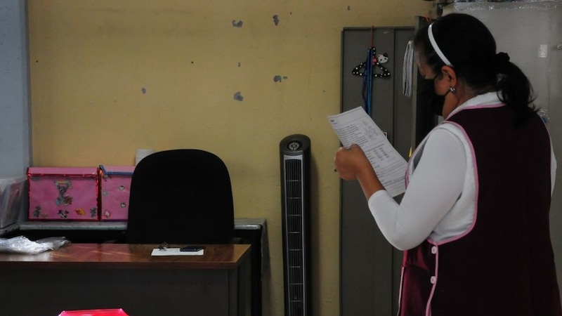 Maestra revisando documentos en la escuela