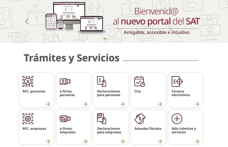 Captura de pantalla del nuevo portal del SAT con su diseño moderno y opciones de navegación optimizadas