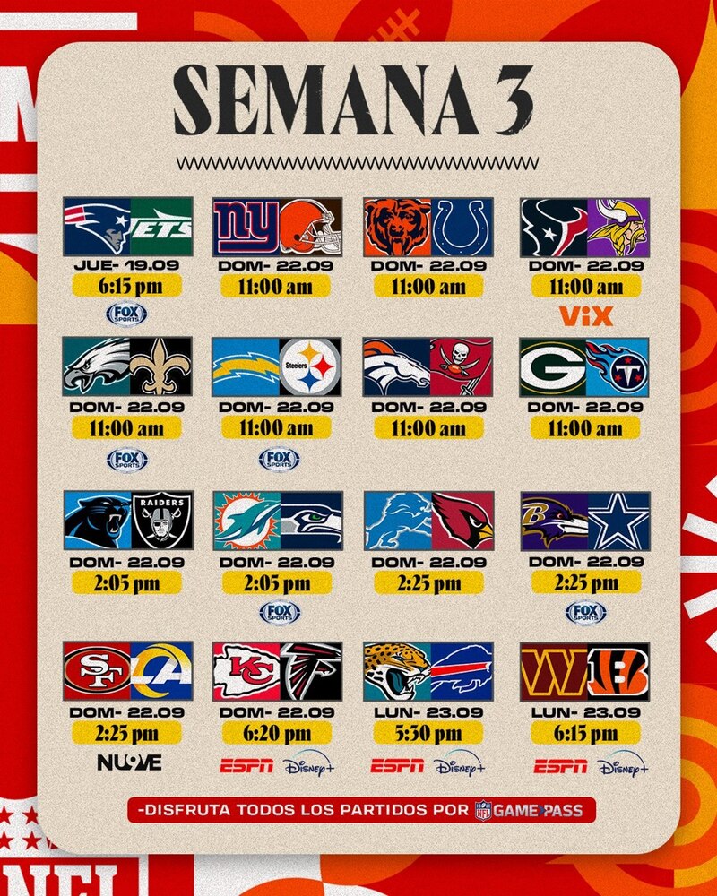 Posible título:
Semana 3 de la NFL: Partidos y horarios