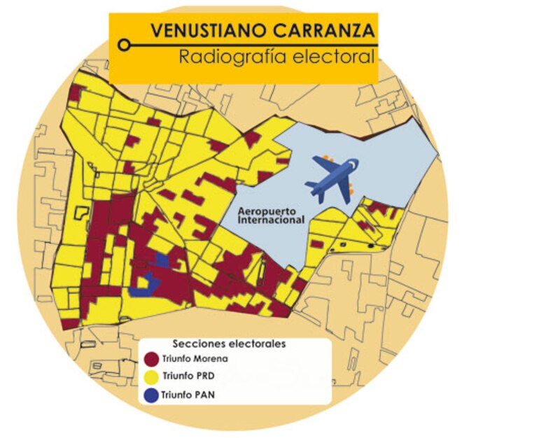 Mapa de resultados de las elecciones presidenciales de 2018 en el municipio de Venustiano Carranza